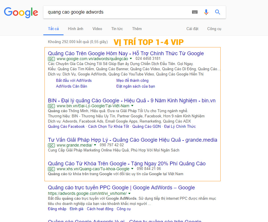 Quảng Cáo Google Top 1-4 VIP